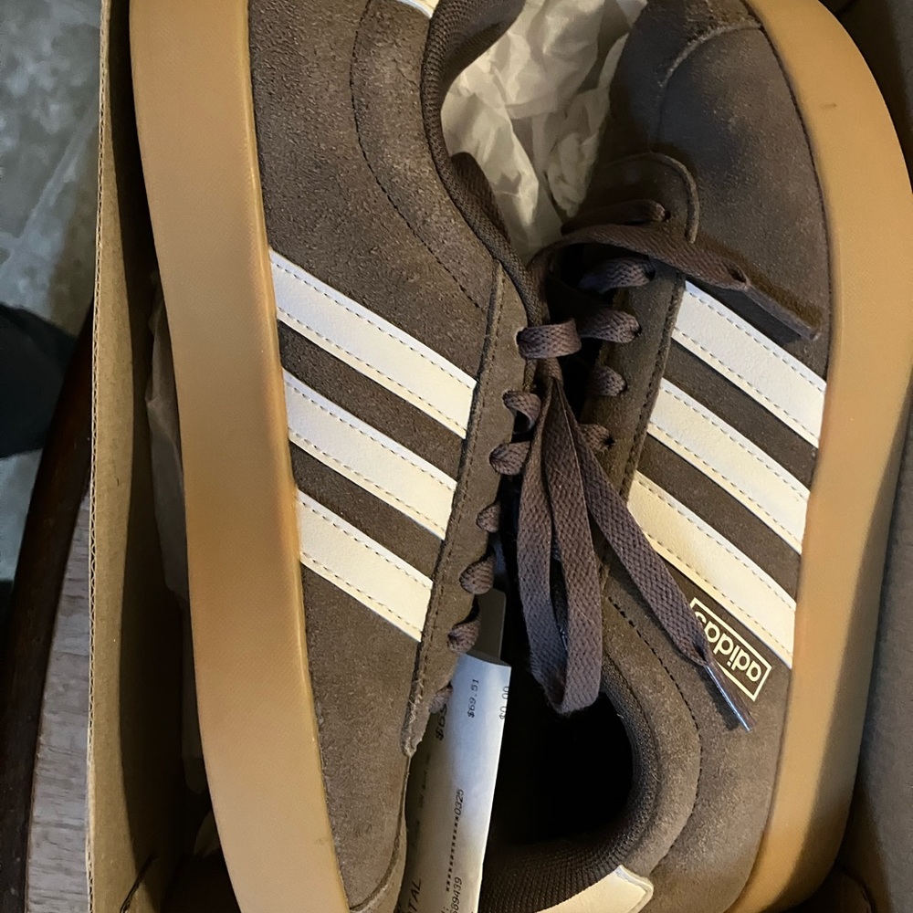 Adidas Womens 3.0 black court white and brown soccer or samba like shoes.